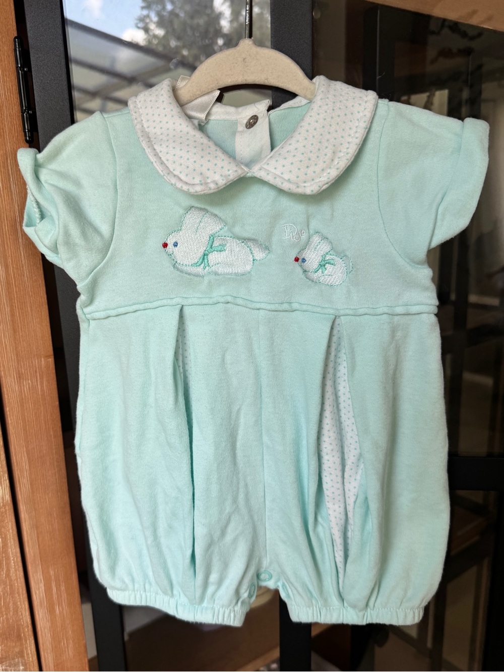 Vintage Baby Dior embroidered shortall romper baby boy newborn bunny collar mint
